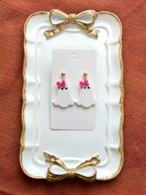 Pink Bow Ghost Dangle Clay Earrings (ETA 3 WEEKS)