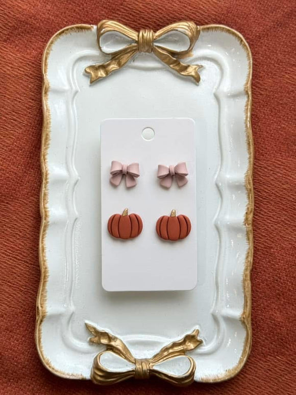 Bow & Pumpkin Clay Earrings (ETA 3 WEEKS)